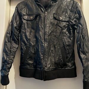 Kids small faux Black Leather bomber Jacket